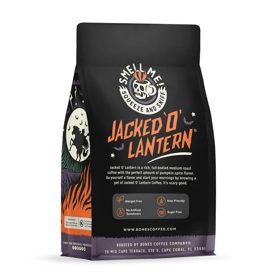 Bones Coffee Company Jacked O' Lantern flavored coffee bag – detail view