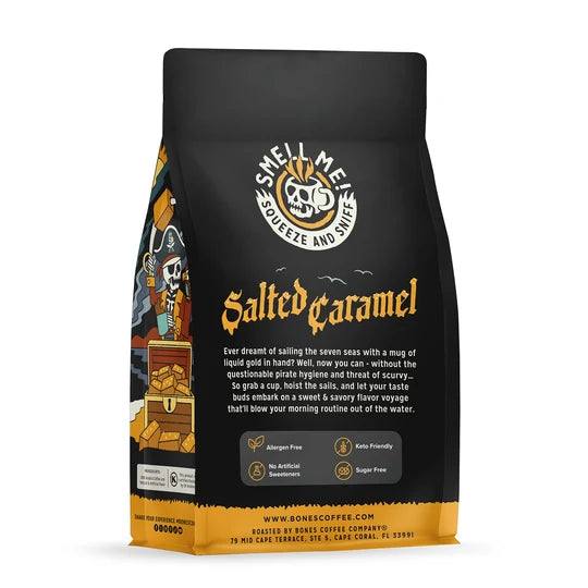 Bones Coffee Company Salted Caramel flavored coffee bag – detail view
