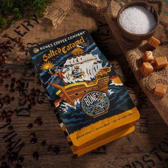 Bones Coffee Company Salted Caramel flavored coffee bag