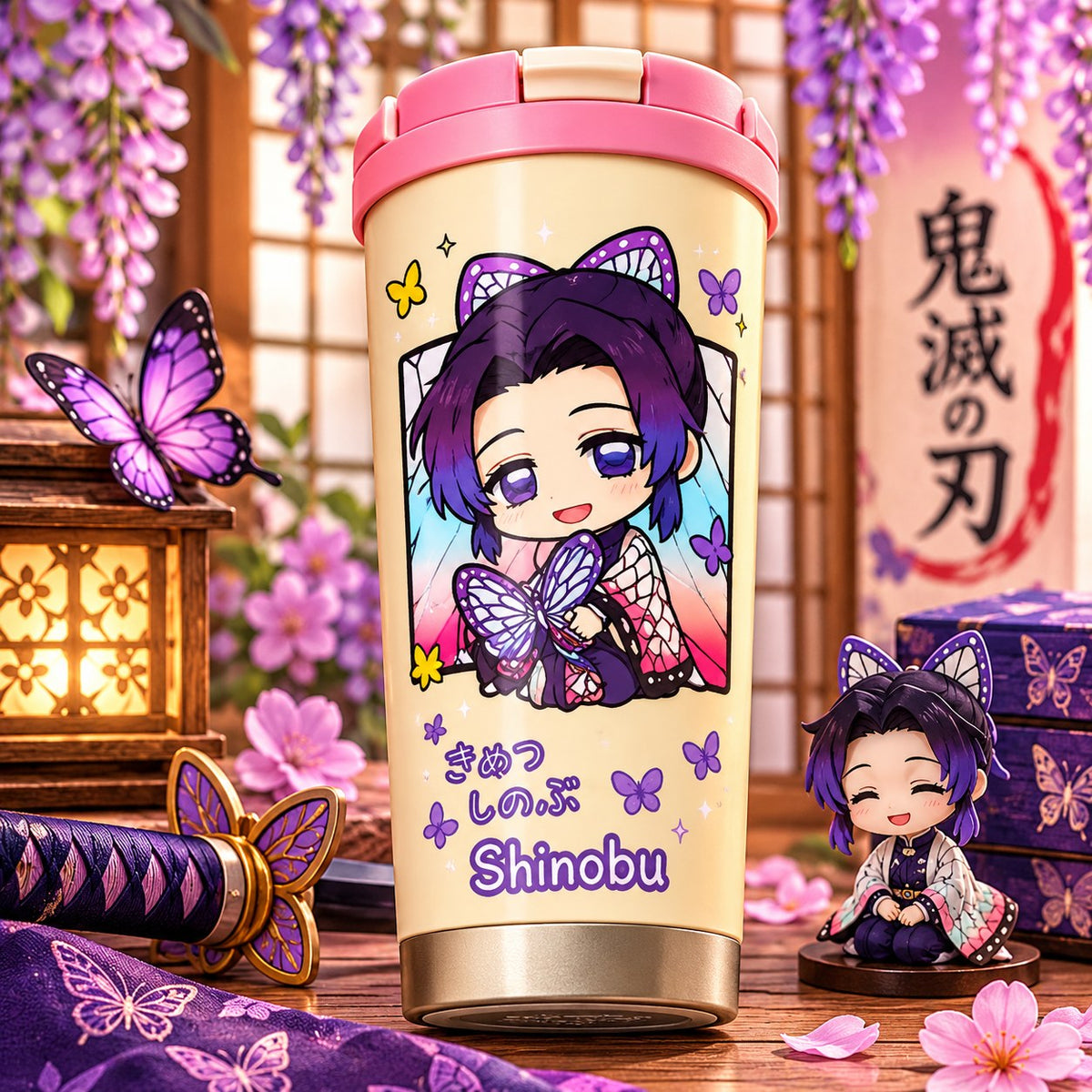 Demon Slayer Shinobu chibi coffee tumbler, cream with pink flip-top lid