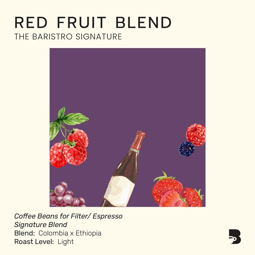 The Baristro Signature Red Fruit Blend 100g light roast coffee beans in branded packaging, blended from Colombia and Ethiopia.