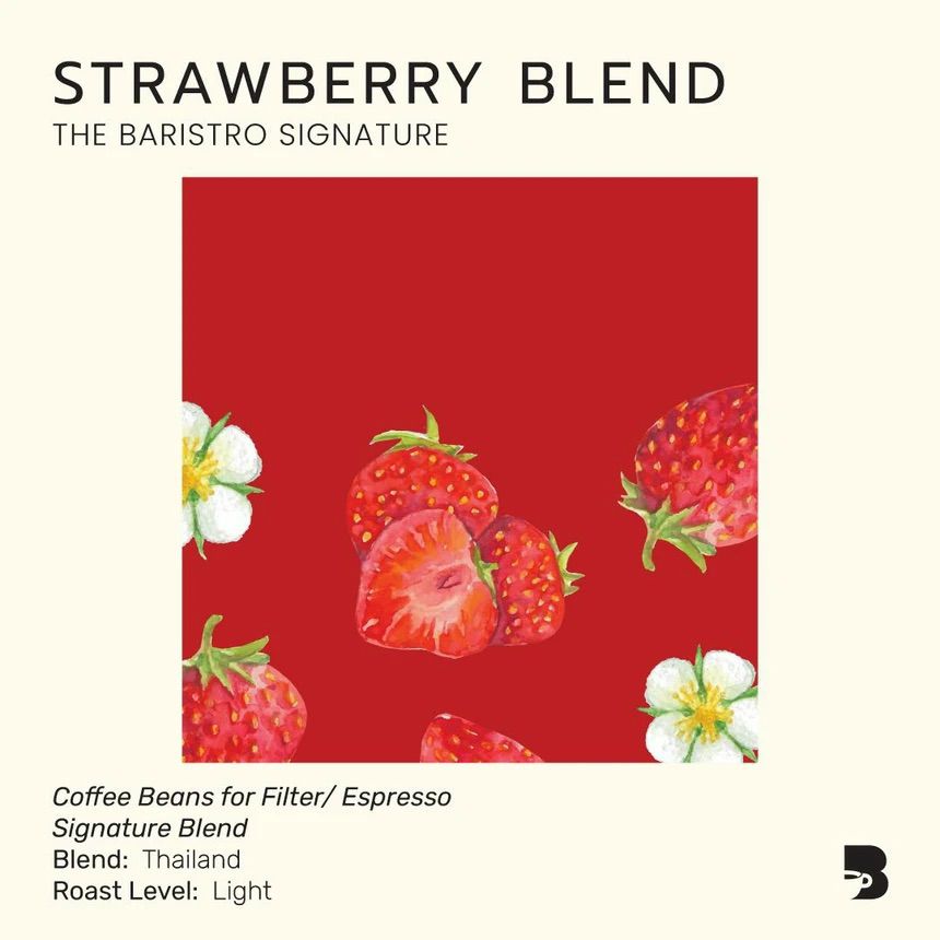The Baristro Signature Strawberry Blend 100g light roast Thai specialty coffee in branded packaging.