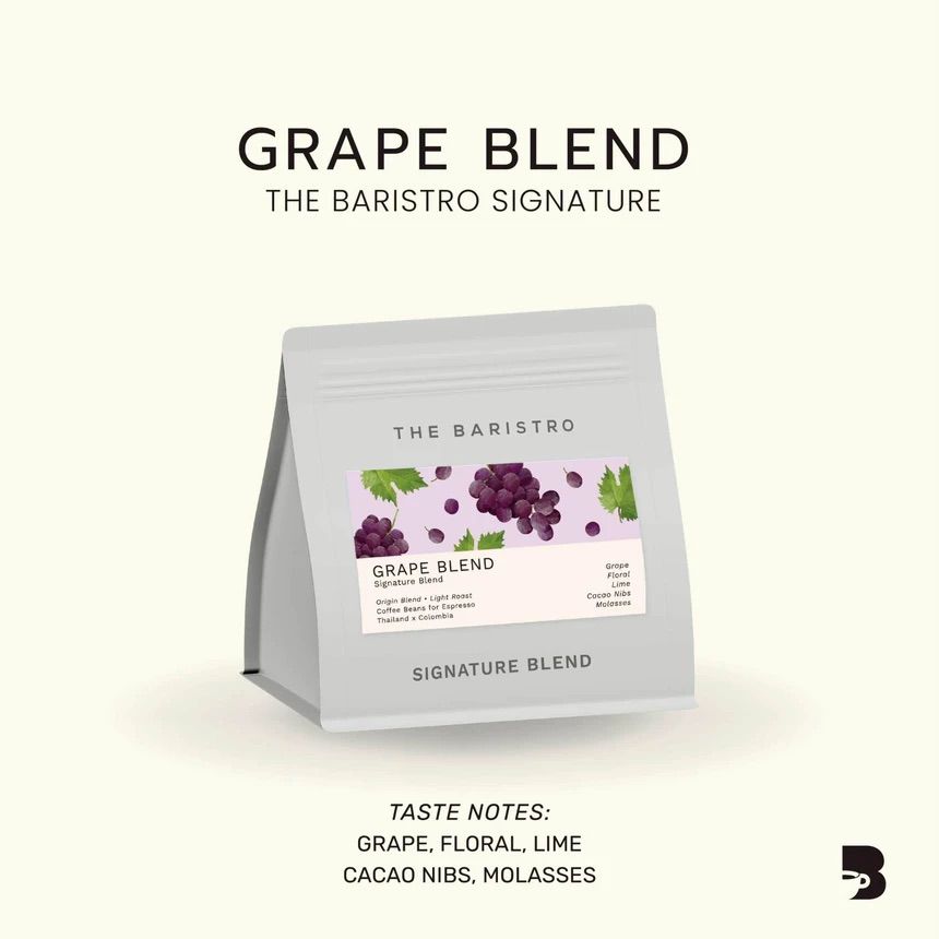 The Baristro Signature Grape Blend 100g light roast coffee beans from Thailand and Colombia, with grape, floral, lime, cacao nibs and molasses tasting notes, available at Lamora UAE.