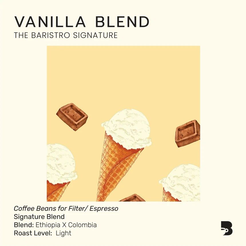 The Baristro Signature Vanilla Blend 100g light roast specialty coffee beans from Ethiopia and Colombia, with vanilla cream, chocolate and rum tasting notes, available at Lamora UAE.
