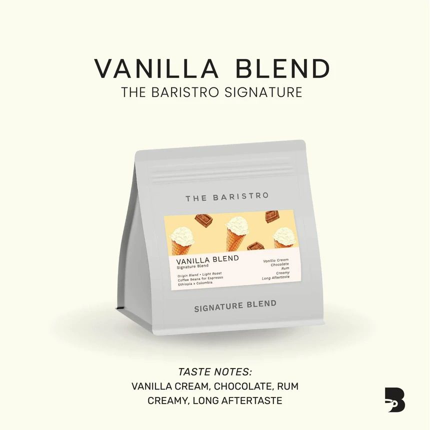 The Baristro Signature Vanilla Blend 100g light roast specialty coffee beans from Ethiopia and Colombia, with vanilla cream, chocolate and rum tasting notes, available at Lamora UAE.