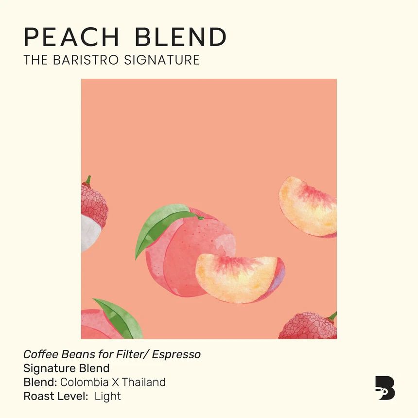 The Baristro Signature Peach Blend 100g light roast specialty coffee beans from Colombia and Thailand, with peach, honey and lychee tasting notes, available at Lamora UAE.