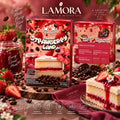 Lamora Blend Strawberry Land coffee packaging boxes with strawberry and cake imagery on a rustic wooden table