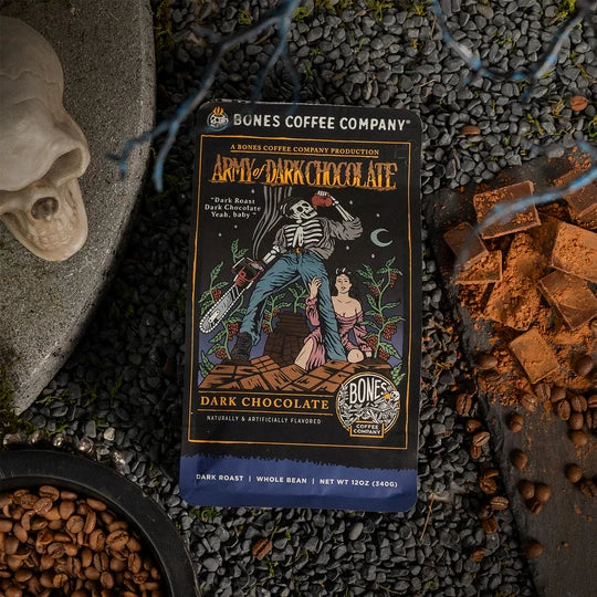 Bones Coffee Company Army of Dark Chocolate flavored coffee bag