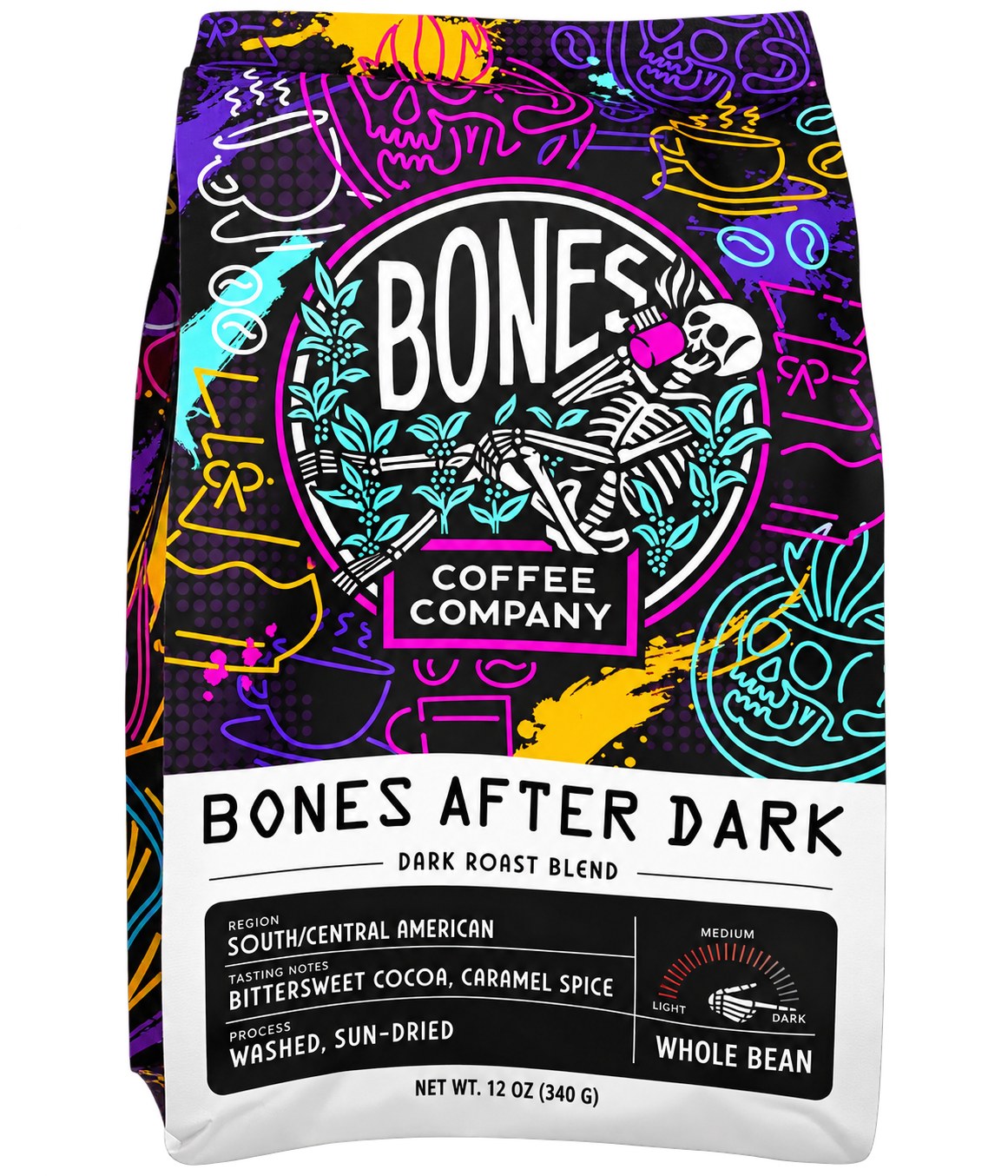 Bones Coffee Company Bones After Dark 340 g dark roast coffee bag, front view