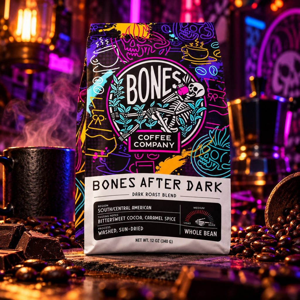 Bones After Dark dark roast coffee bag with coffee beans, chocolate and a steaming mug