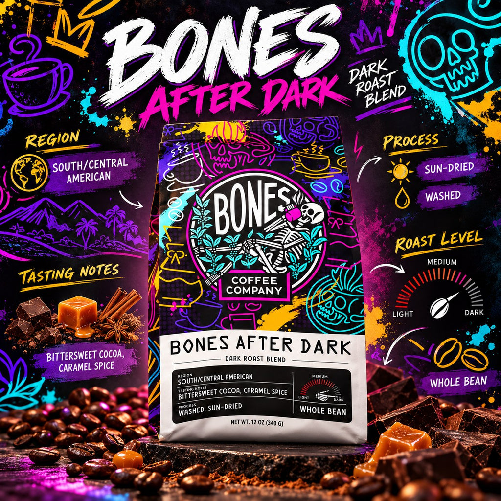 Bones After Dark dark roast whole bean coffee 12 oz bag with tasting notes of bittersweet cocoa and caramel spice