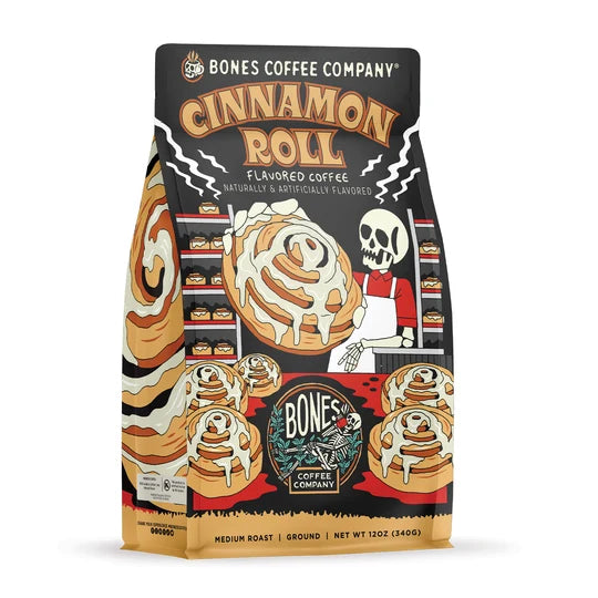 Bones Coffee Company Cinnamon Roll flavored coffee bag – alternate view
