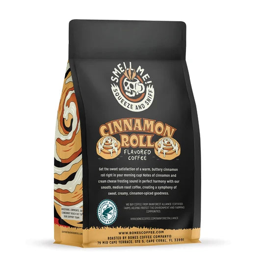 Bones Coffee Company Cinnamon Roll flavored coffee bag – detail view