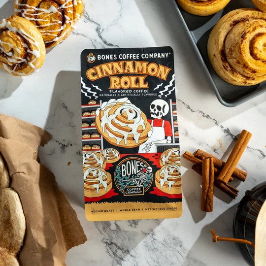 Bones Coffee Company Cinnamon Roll flavored coffee bag