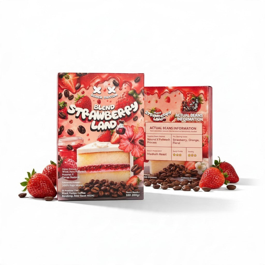 Lamora Blend Strawberry Land medium roast coffee packaging with strawberry and cake illustrations on white background