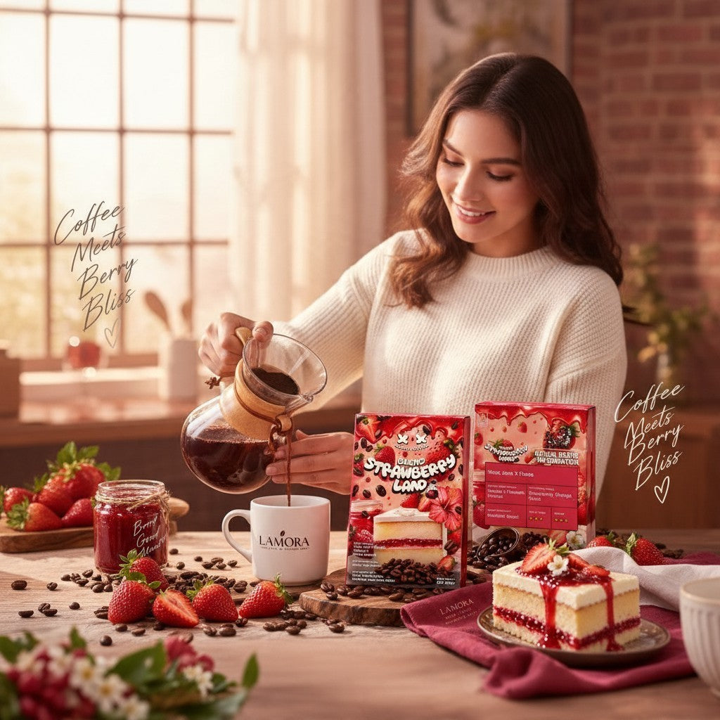 Lamora Blend Strawberry Land coffee packaging with fresh strawberries, a slice of cake, and coffee being poured.