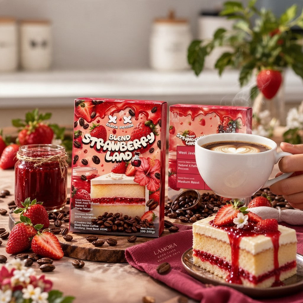 Lamora Blend Strawberry Land coffee box with fresh strawberries, a slice of strawberry cake, and a cup of coffee.