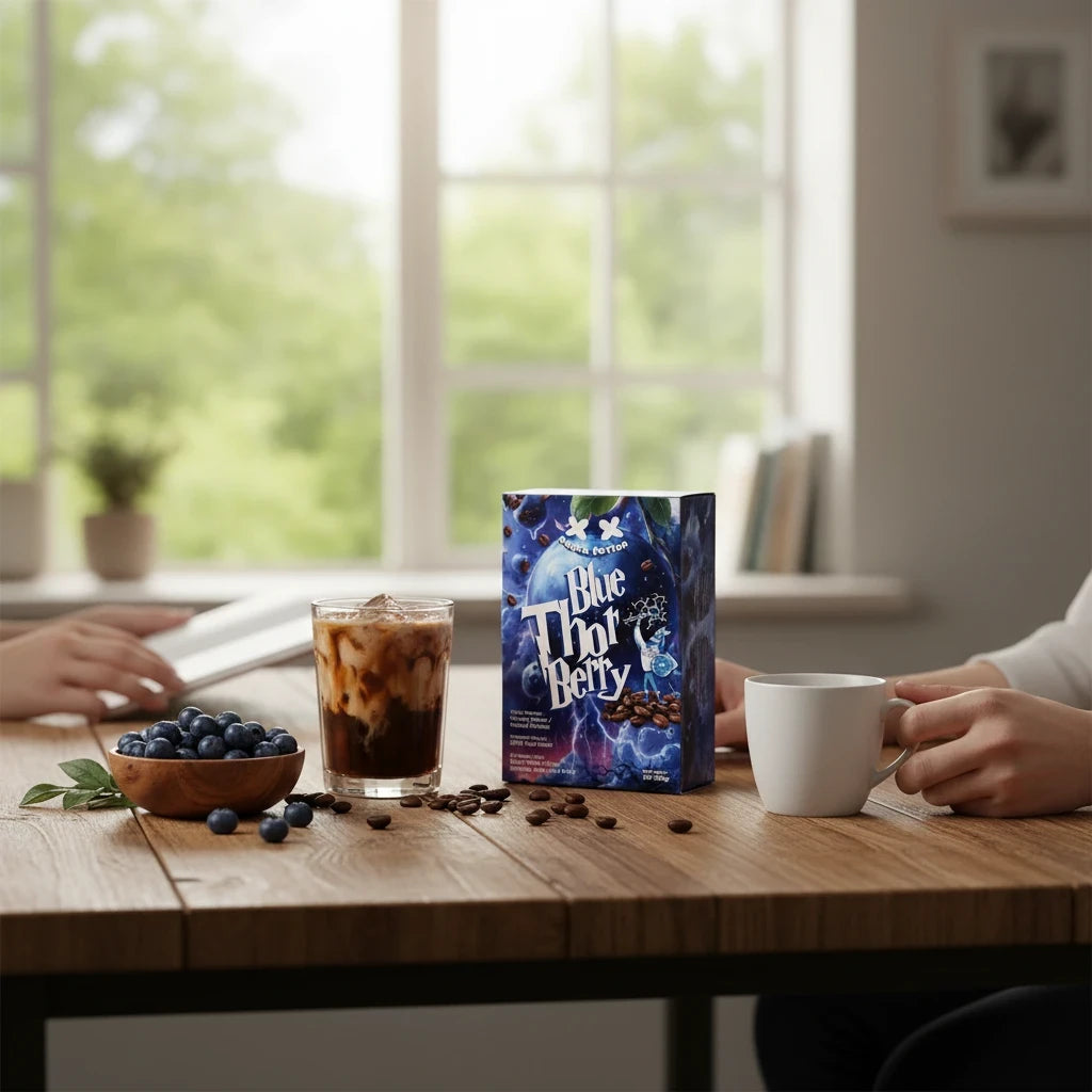 Lamora Blue Thor Berry coffee box on a wooden table with iced coffee, fresh blueberries, and coffee beans