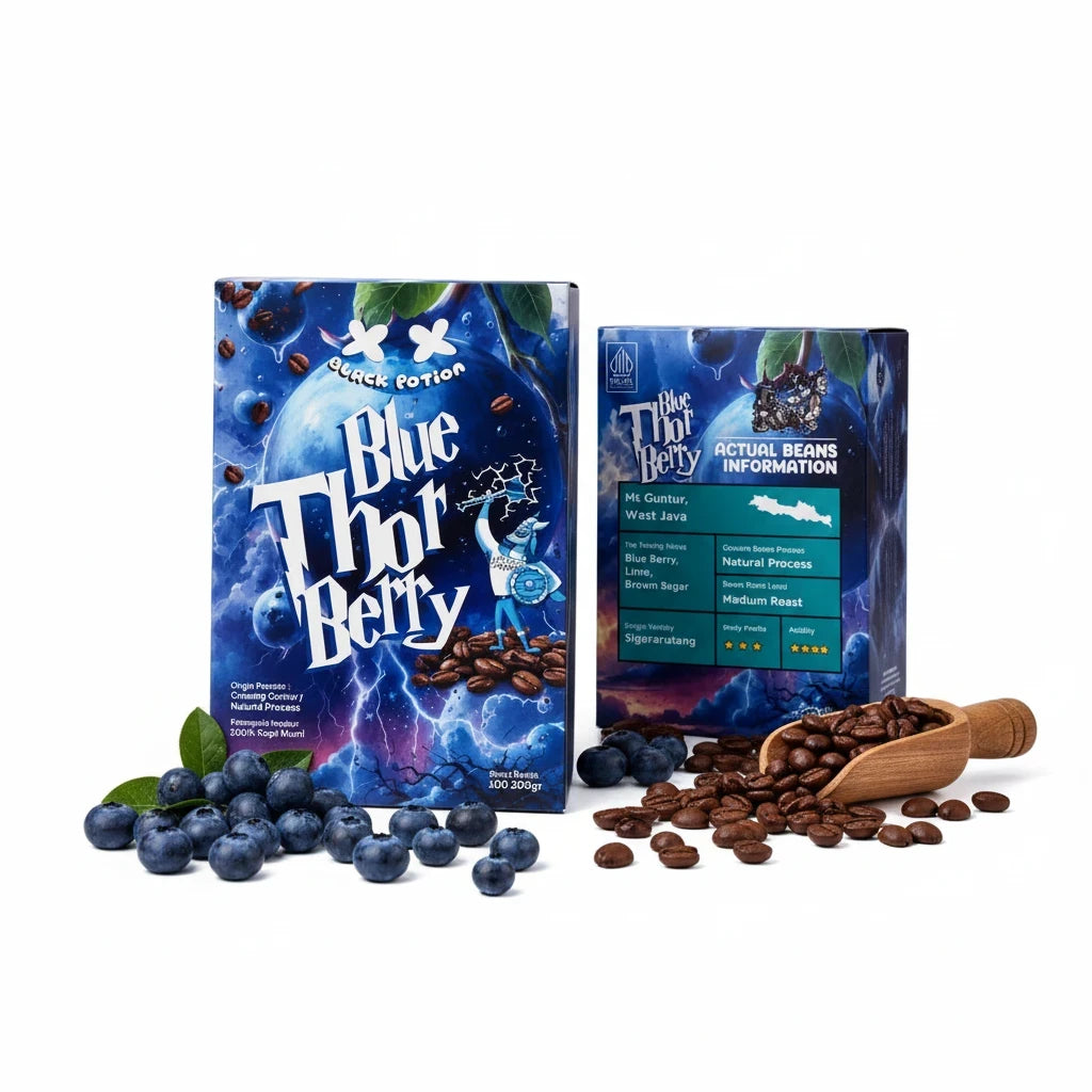 Lamora Blue Thor Berry coffee packaging with blueberry, lime, and brown sugar notes, featuring natural process beans.