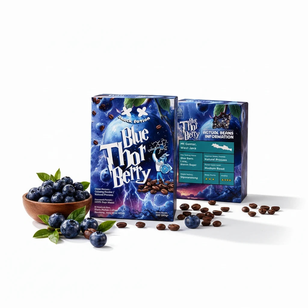 Lamora Blue Thor Berry coffee boxes with fresh blueberries and roasted coffee beans on a white background