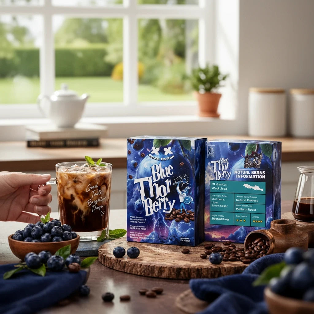 Lamora Blue Thor Berry coffee boxes with iced coffee, fresh blueberries, and roasted beans on a wooden table