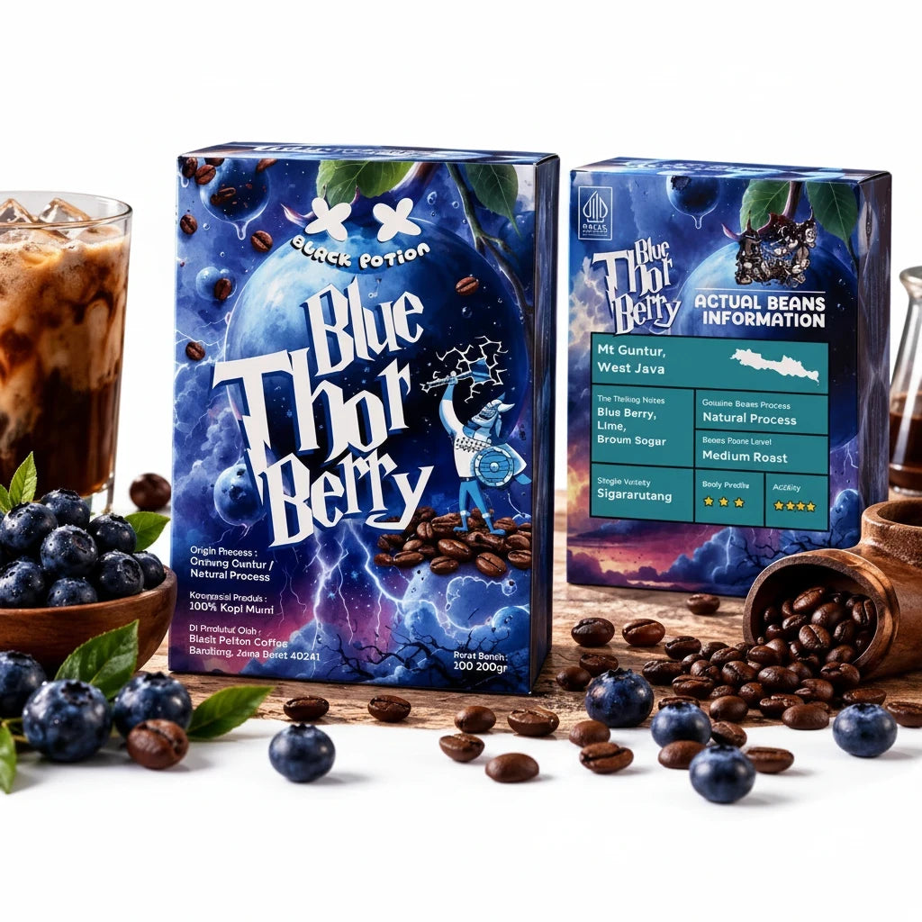 Lamora Blue Thor Berry coffee packaging featuring blueberry, lime, and brown sugar notes with scattered coffee beans.