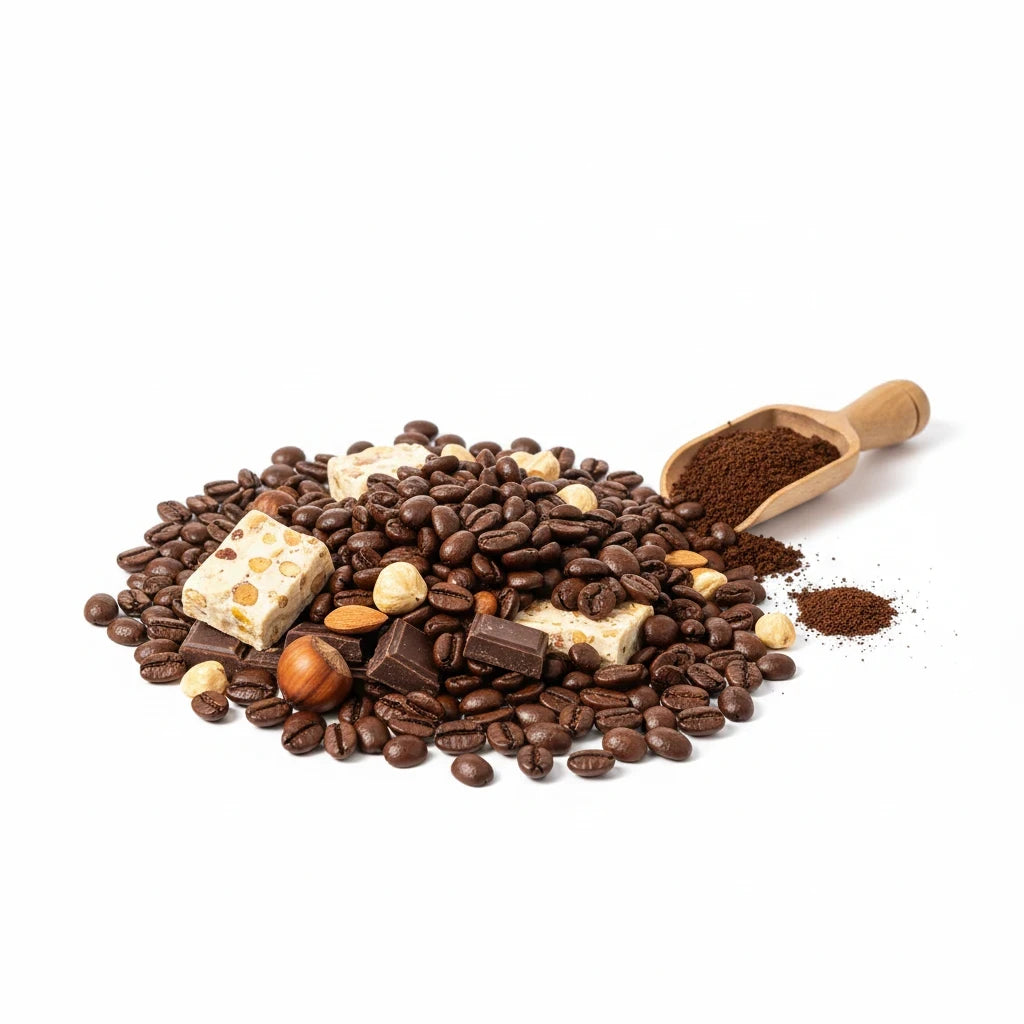 Lamora Brazil Santos coffee beans with chocolate, caramel, and nuts on a white background with a wooden scoop.