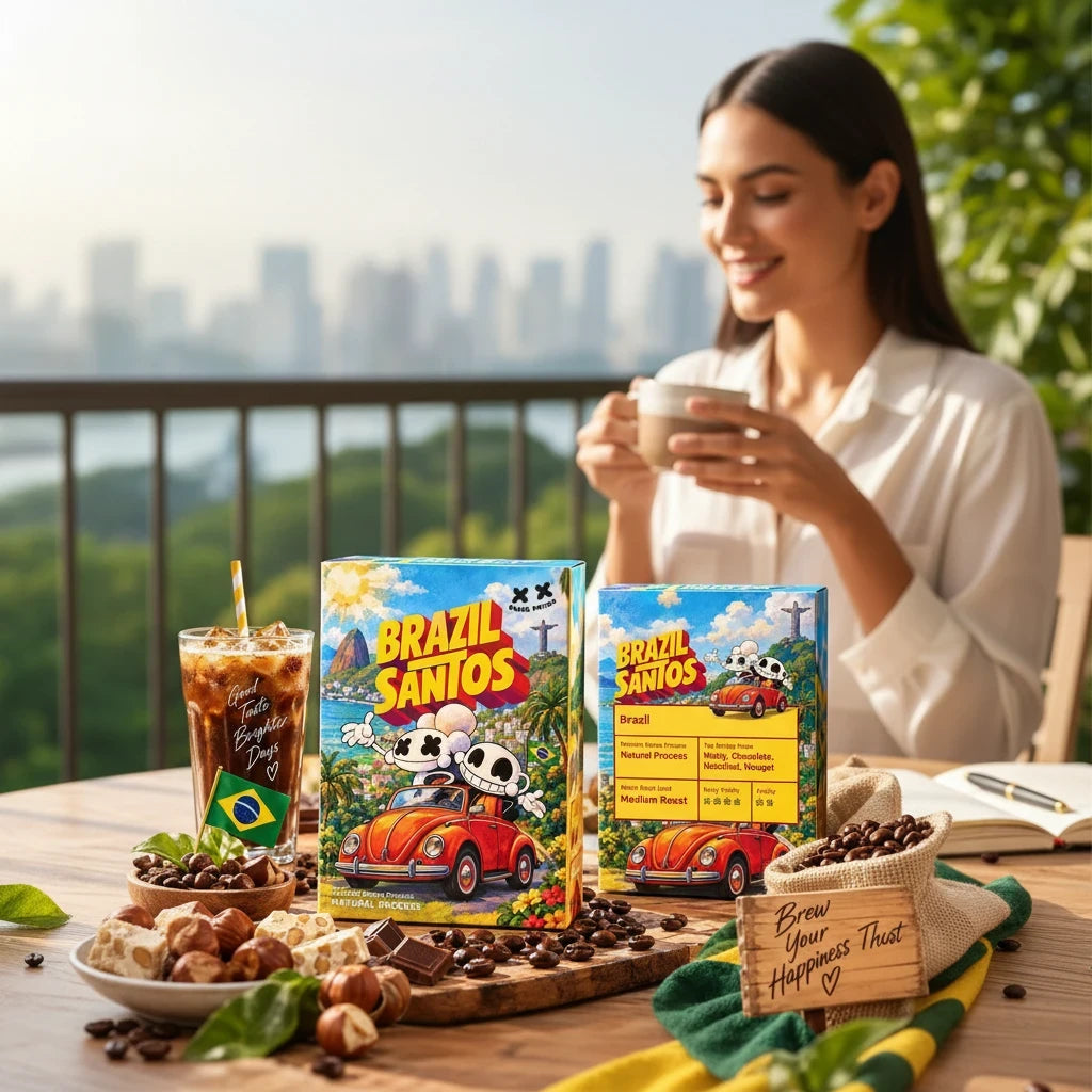 Lamora Brazil Santos coffee boxes with chocolate, caramel, and nut notes displayed on a table with a woman drinking.