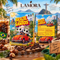 Lamora Brazil Santos coffee packaging featuring a red car illustration, chocolate, caramel, and nut flavor notes.
