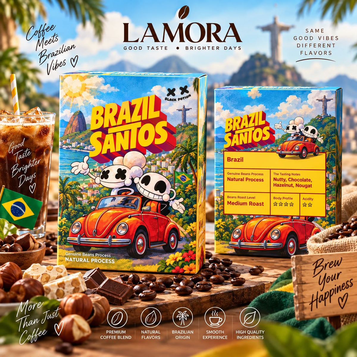Lamora Brazil Santos coffee packaging featuring a red car illustration, chocolate, caramel, and nut flavor notes.