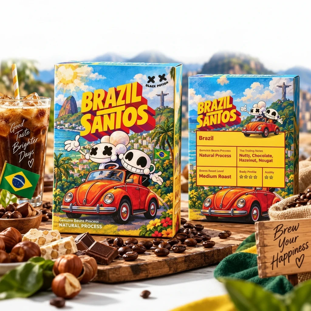 Lamora Brazil Santos coffee boxes featuring a red car illustration, surrounded by chocolate, nuts, and iced coffee.