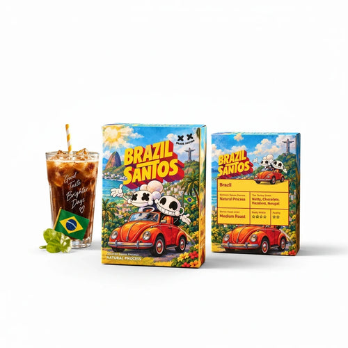 Lamora Brazil Santos coffee boxes with illustrated red car and a glass of iced coffee with a Brazilian flag pick.