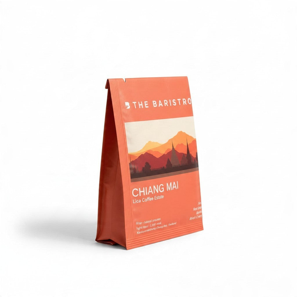 Lamora The Baristro Chiang Mai Lica Coffee Estate drip bag in orange packaging with mountain illustration