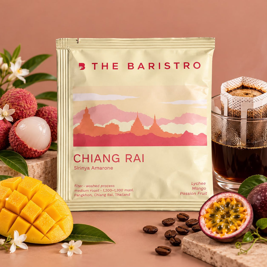 Lamora The Baristro Chiang Rai Sirinya Amarone drip bag coffee with lychee, mango, and passion fruit on a table