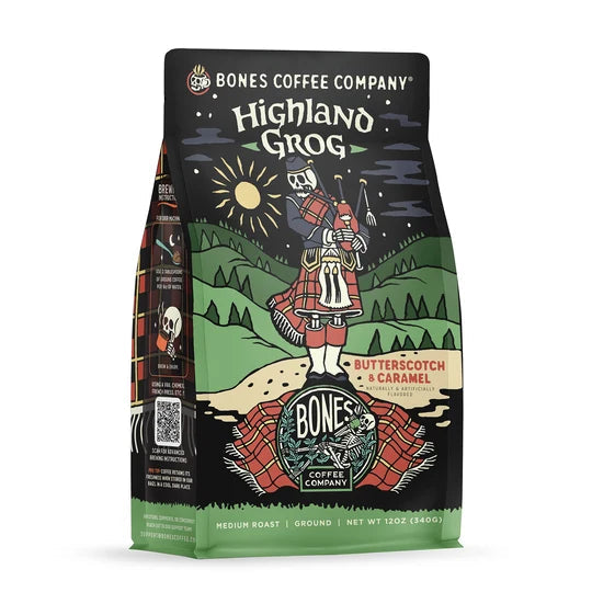 Lamora Highland Grog decaf coffee bag featuring a skeleton in a kilt playing bagpipes with butterscotch and caramel.