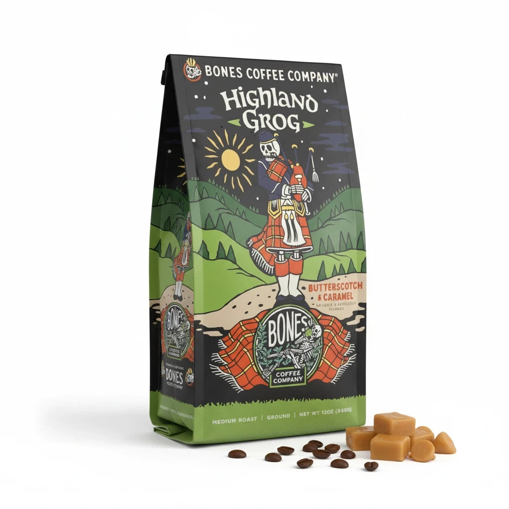 Lamora Highland Grog decaf coffee bag featuring a skeleton in a kilt with butterscotch and caramel pieces