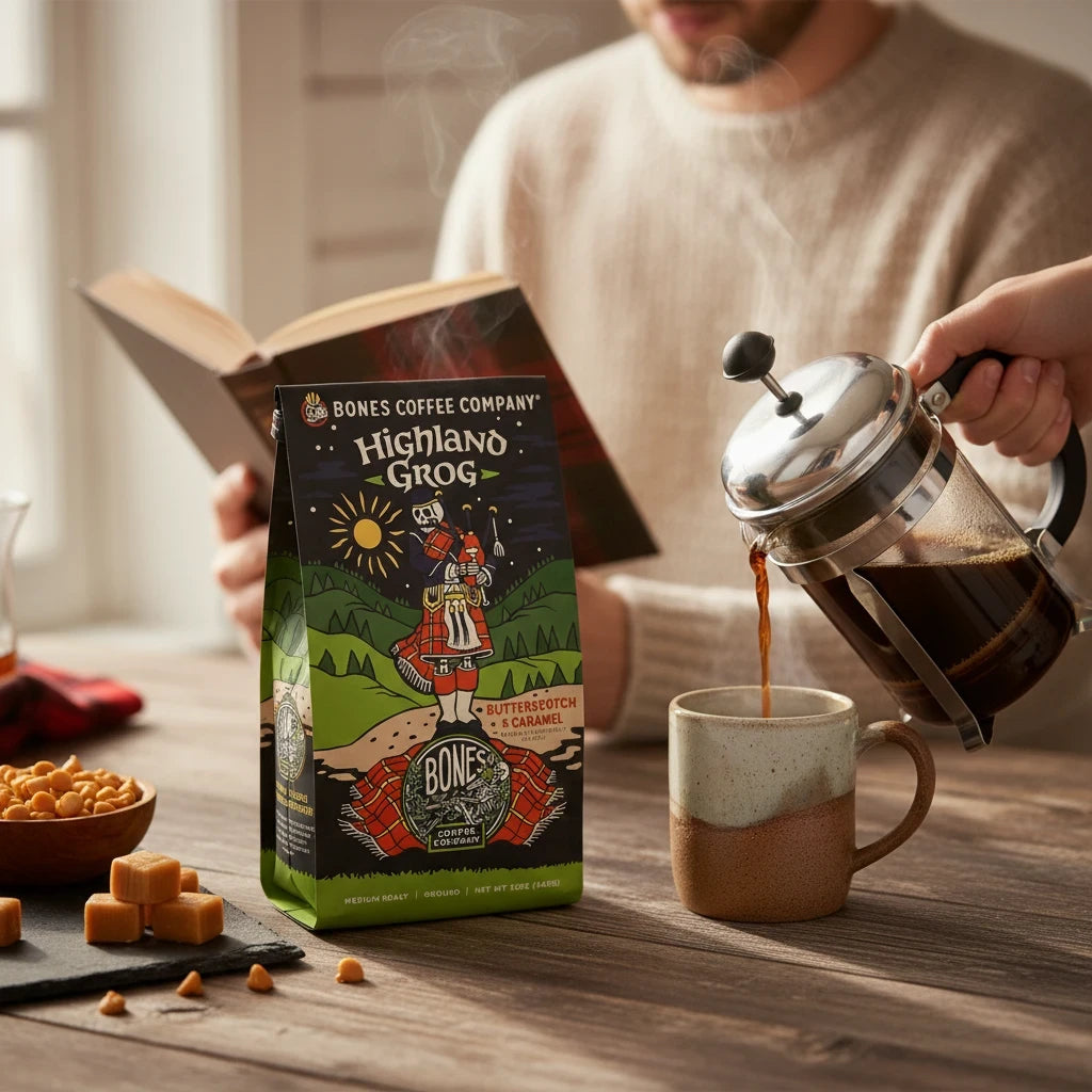 Lamora Highland Grog decaf coffee bag with butterscotch and caramel notes being poured from a French press
