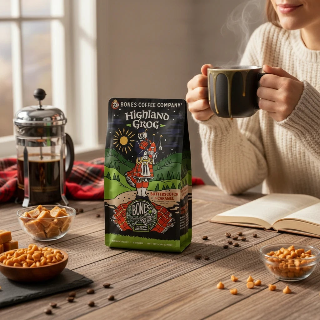 Lamora Highland Grog decaf coffee bag with butterscotch and caramel flavor illustration on a cozy wooden table.
