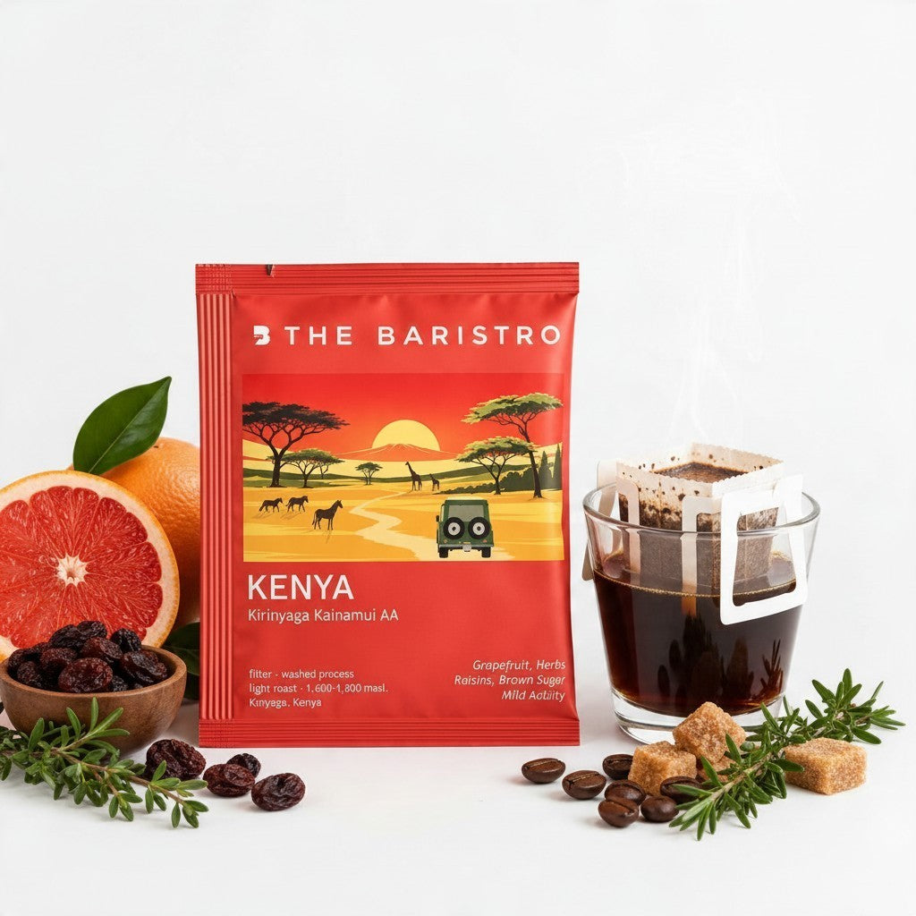 Lamora The Baristro Kenya Kirinyaga Kainamui AA coffee drip bag with grapefruit, raisins, and brown sugar accents.