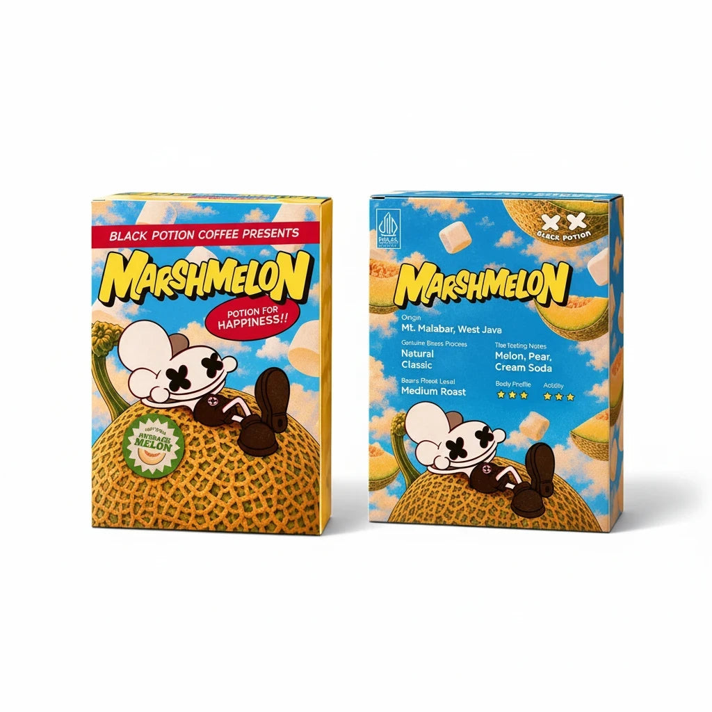 Lamora Marshmelon medium roast coffee bean boxes featuring cartoon character art and melon illustrations