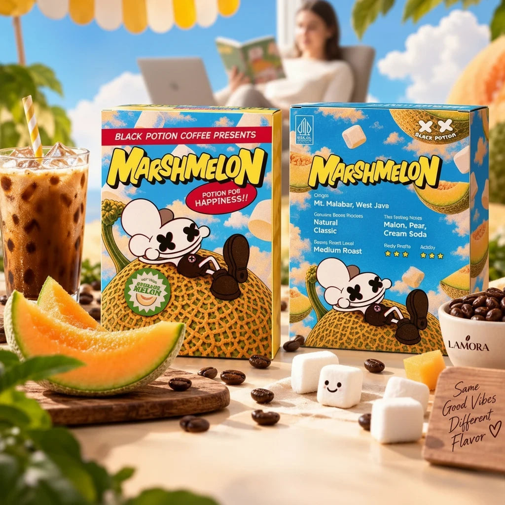 Lamora Marshmelon medium roast coffee bean packaging with melon, pear, and cream soda flavor notes on a sunny table.