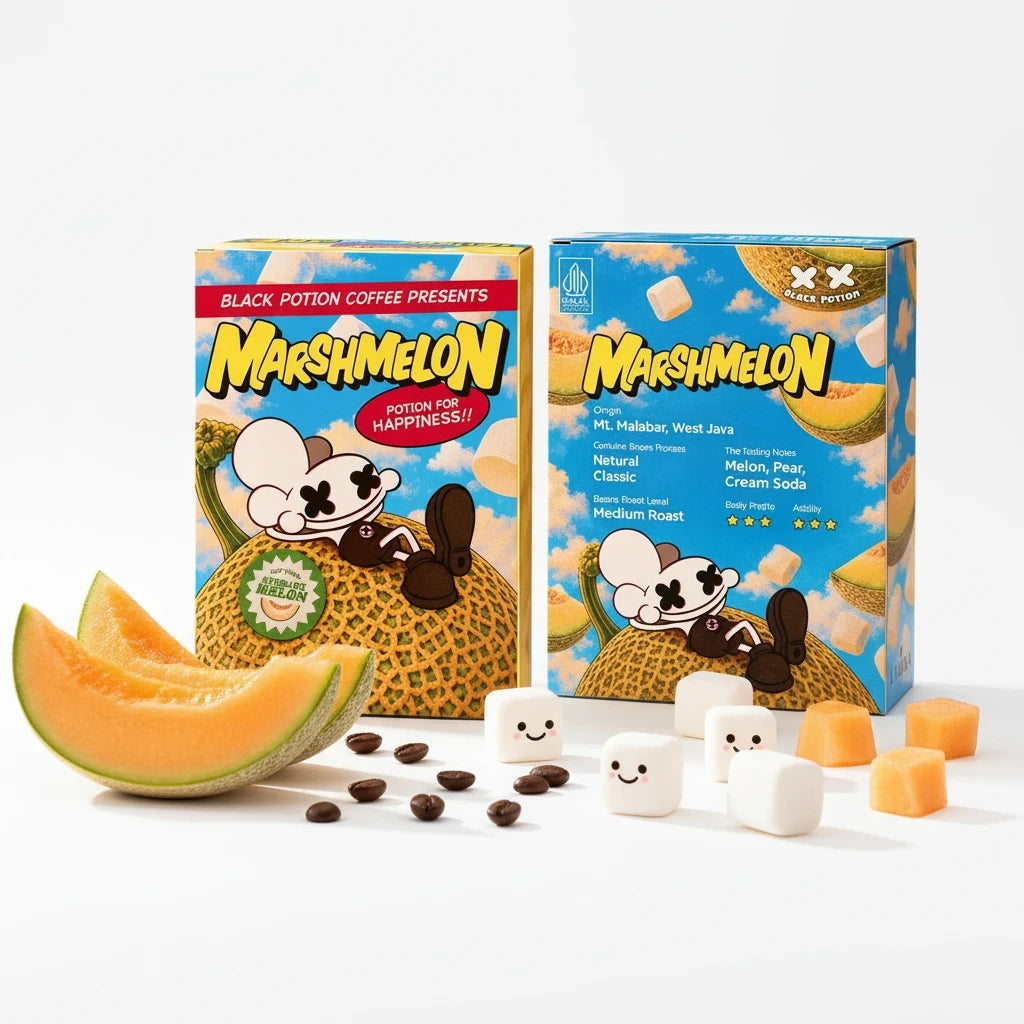 Lamora Marshmelon medium roast coffee bean boxes with melon slices, coffee beans, and cute marshmallow characters.
