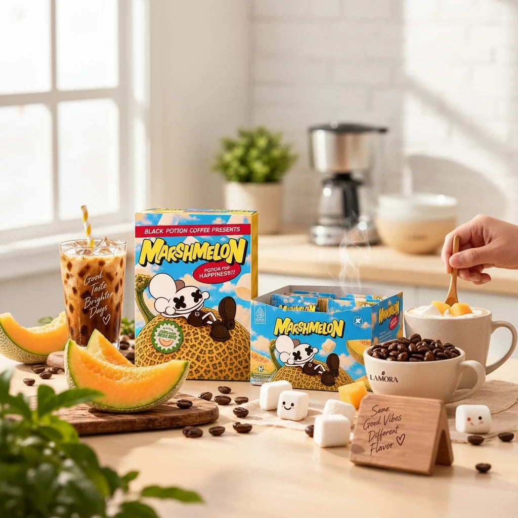 Lamora Marshmelon medium roast coffee beans with melon, pear, and cream soda notes, displayed with fresh melon slices.