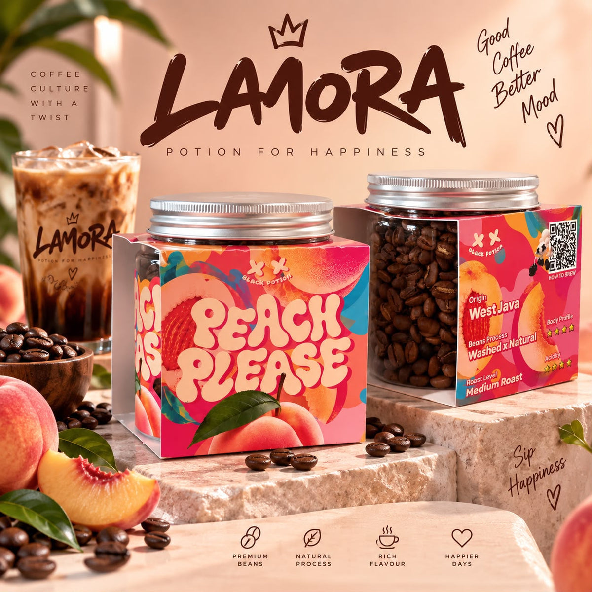 Lamora Peach Please medium roast coffee beans in a clear jar with peach and apple juice flavor notes