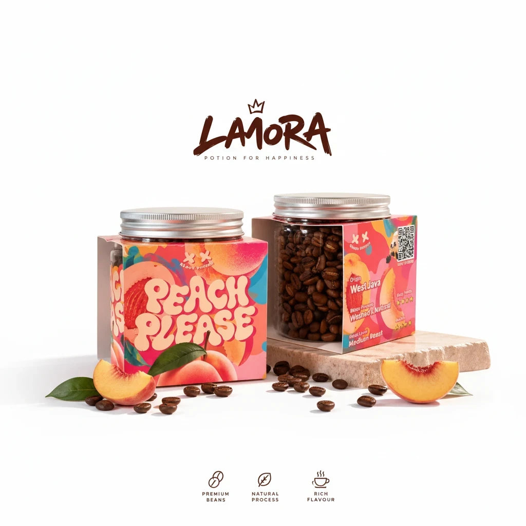 Lamora Peach Please medium roast coffee beans from West Java with peach and apple notes in a clear jar