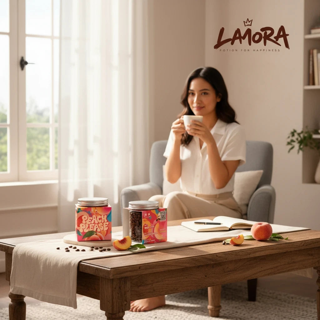 Lamora Peach Please coffee beans in jars on a wooden table with a woman drinking coffee in a bright living room
