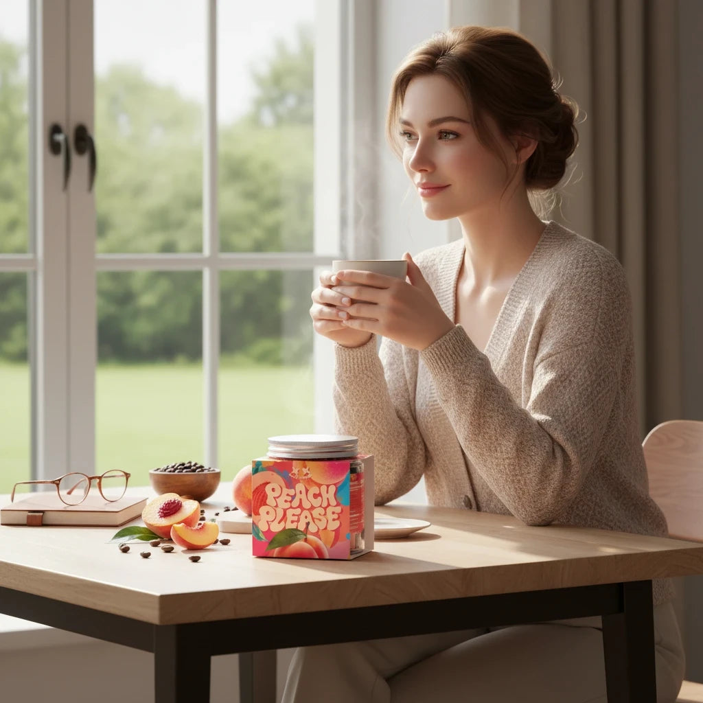 Lamora Peach Please medium roast coffee beans in a box on a table with a woman enjoying a warm cup by a window