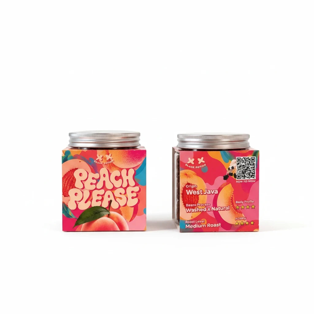 Lamora Peach Please medium roast coffee beans in a square jar with vibrant peach-themed label art
