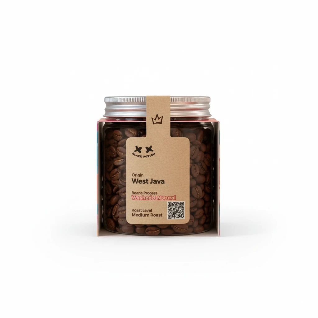 Lamora Peach Please medium roast coffee beans from West Java in a clear jar with a brown paper label