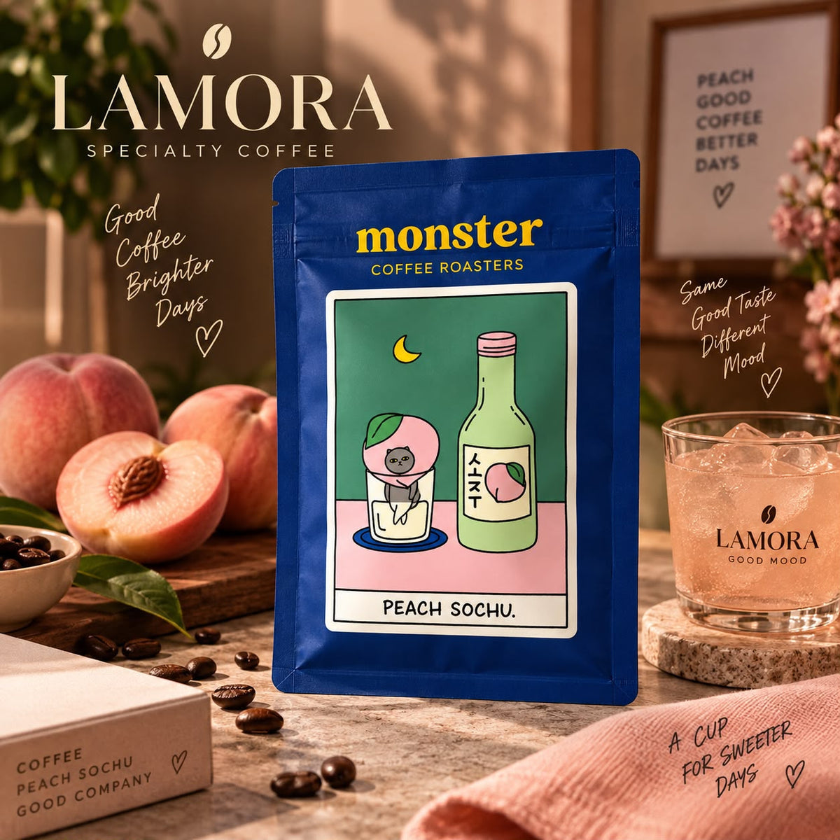 Lamora Monster Coffee Roasters Peach Sochu coffee bag with fresh peaches and iced drink on a rustic table